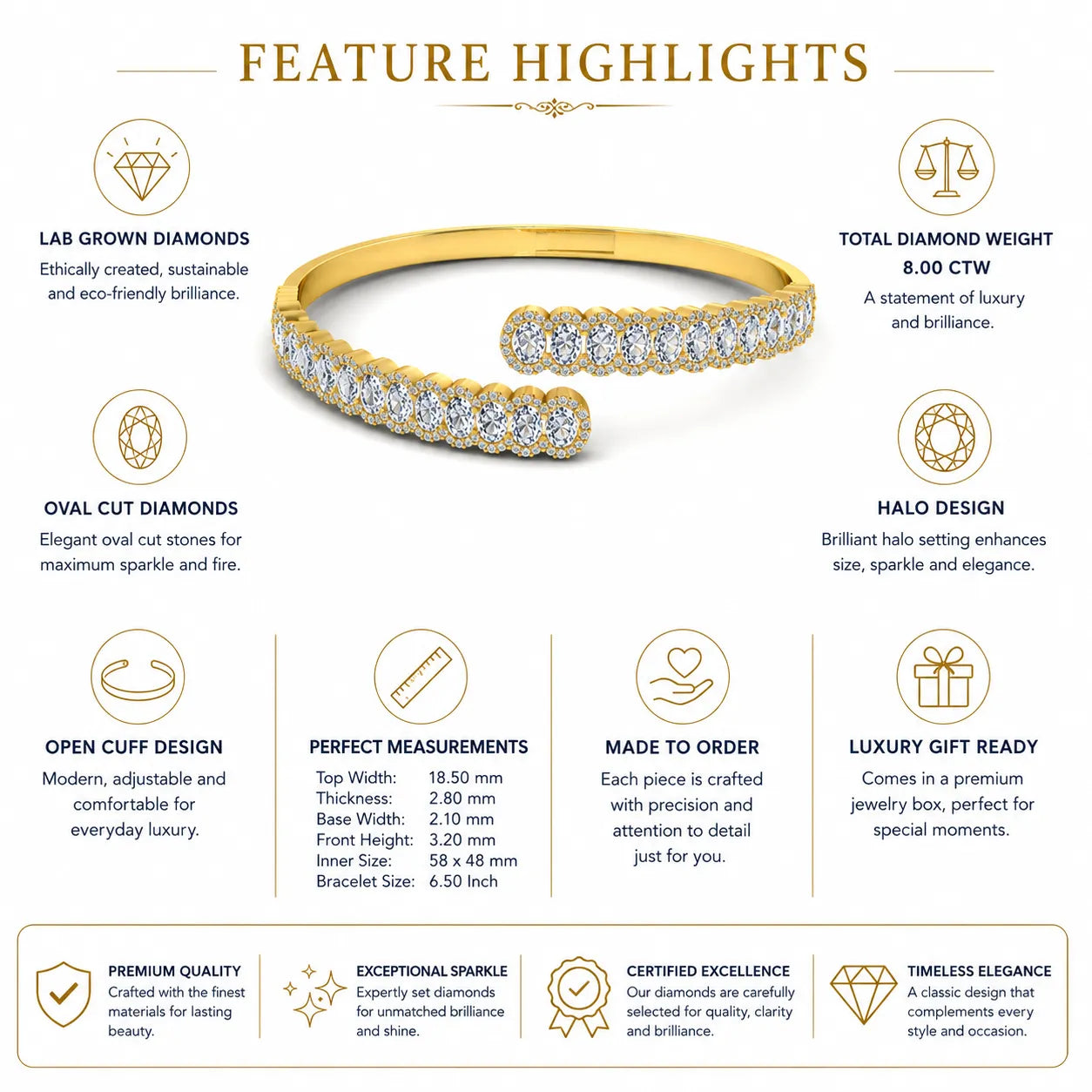 yellow-Gold rose-gold white-gold  bracelet with diamond accents and feature highlights on a white background