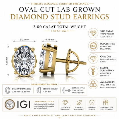 Oval Cut 3.00 Carat IGI Certified Lab Grown Diamond Stud Earrings
