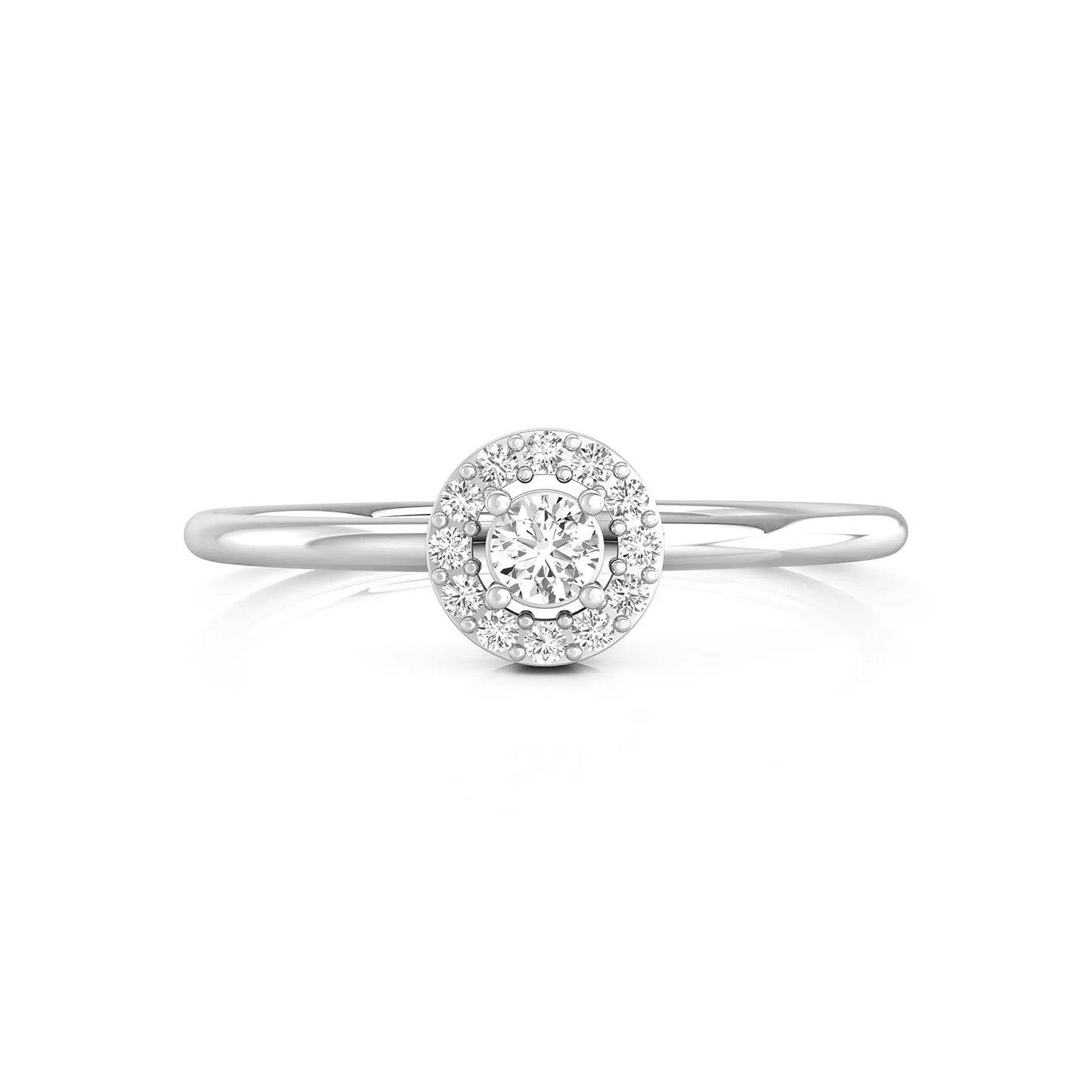 Diamond ring with a halo setting on a white background