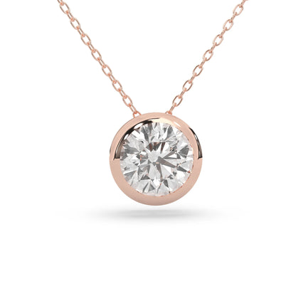 Round brilliant lab grown diamond solitaire pendant necklace in bezel setting with rose gold tone design and cable chain.