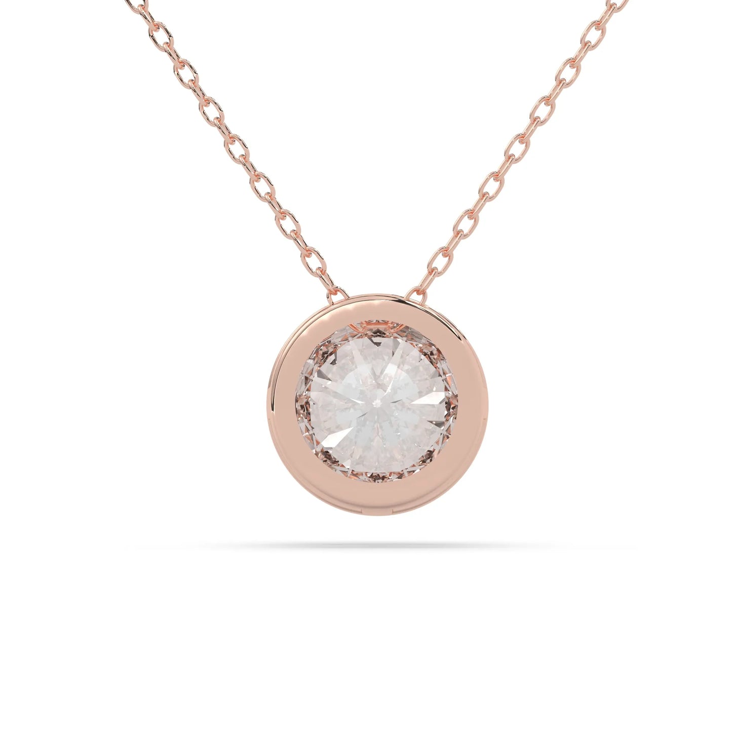 Round brilliant lab grown diamond solitaire pendant necklace in bezel setting with rose gold tone design and cable chain.