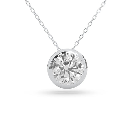 Round brilliant lab grown diamond solitaire pendant necklace in bezel setting with white gold tone design and cable chain.