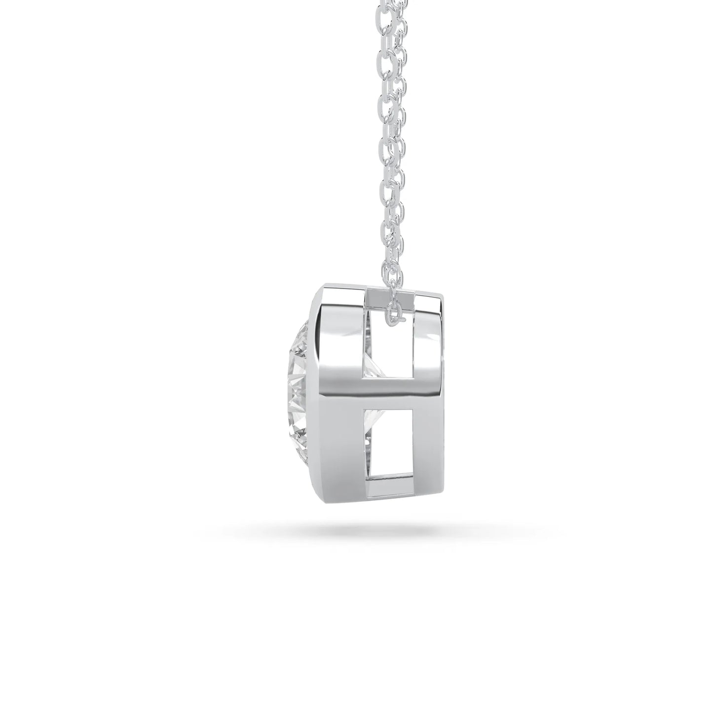 Round brilliant lab grown diamond solitaire pendant necklace in bezel setting with white gold tone design and cable chain.