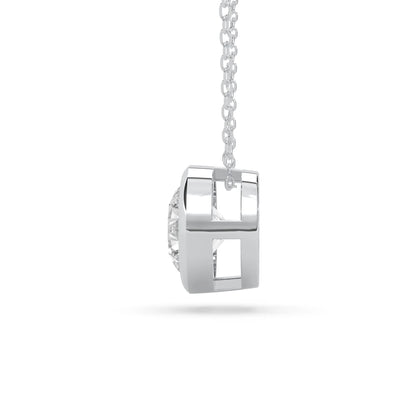 Round brilliant lab grown diamond solitaire pendant necklace in bezel setting with white gold tone design and cable chain.