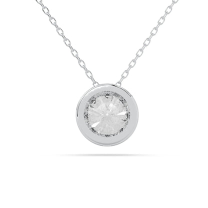 Round brilliant lab grown diamond solitaire pendant necklace in bezel setting with white gold tone design and cable chain.