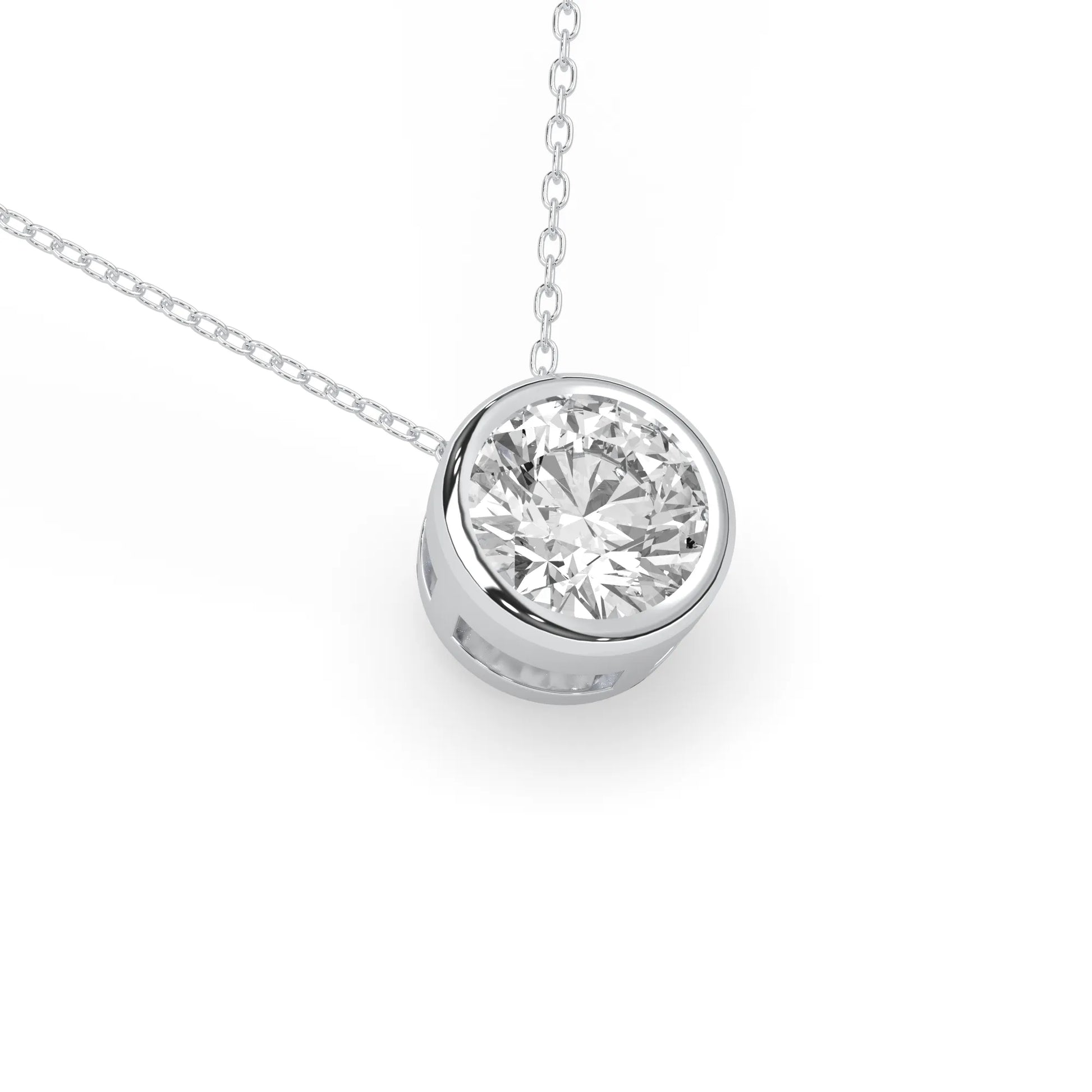 Round brilliant lab grown diamond solitaire pendant necklace in bezel setting with white gold tone design and cable chain.