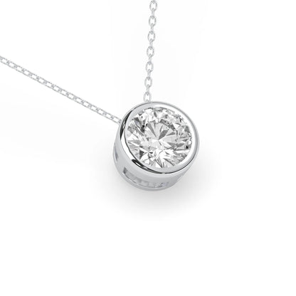 Round brilliant lab grown diamond solitaire pendant necklace in bezel setting with white gold tone design and cable chain.