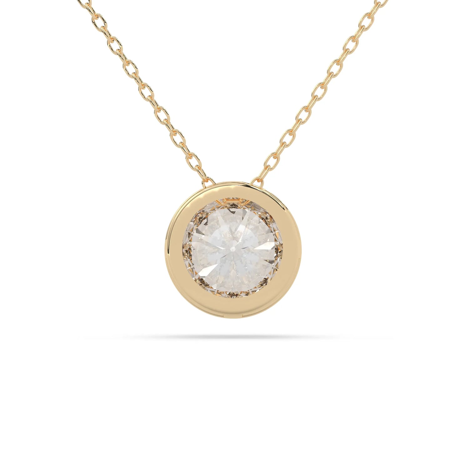 Round brilliant lab grown diamond solitaire pendant necklace in bezel setting with yellow gold tone design and cable chain.