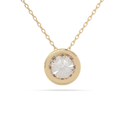 Round brilliant lab grown diamond solitaire pendant necklace in bezel setting with yellow gold tone design and cable chain.