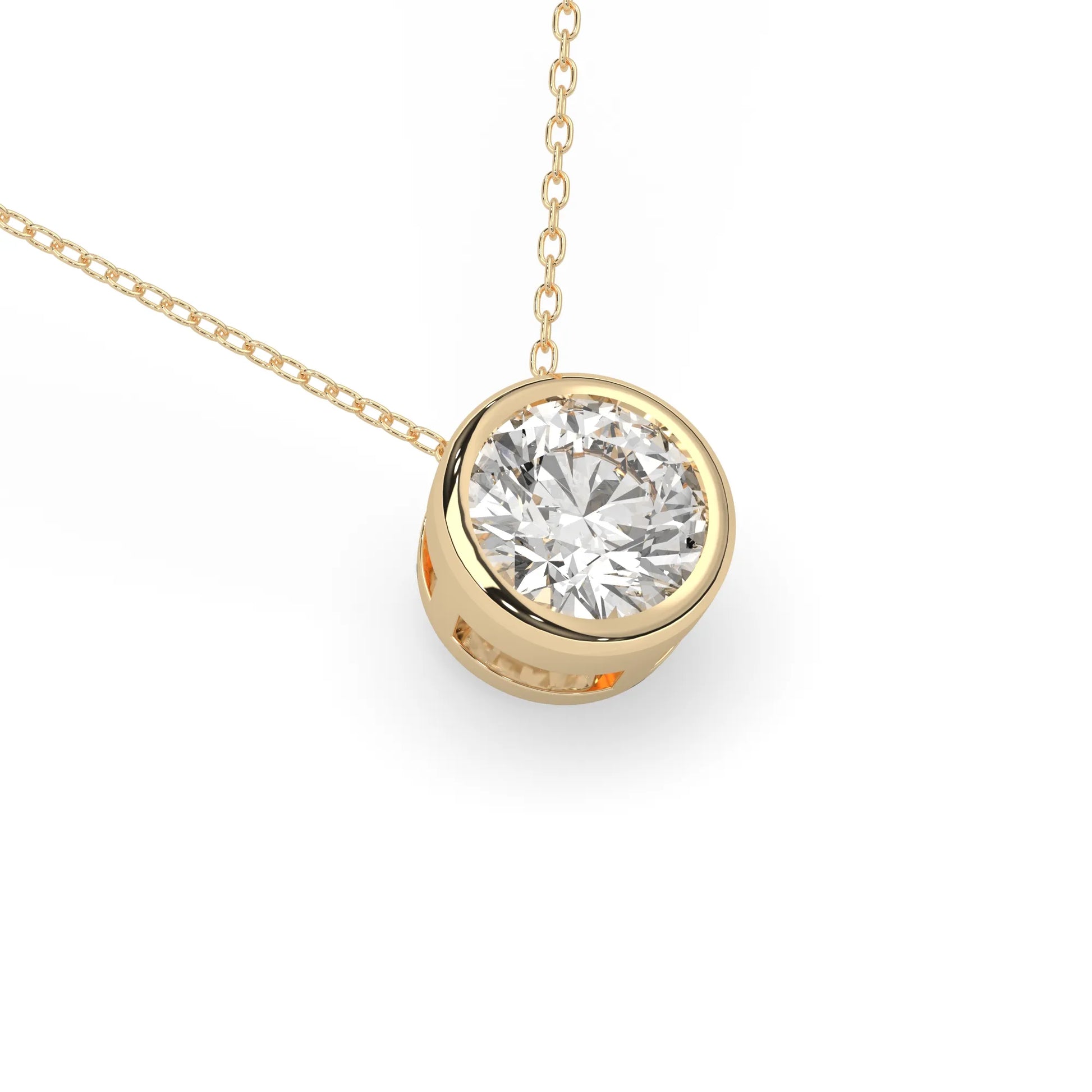 Round brilliant lab grown diamond solitaire pendant necklace in bezel setting with yellow gold tone design and cable chain.