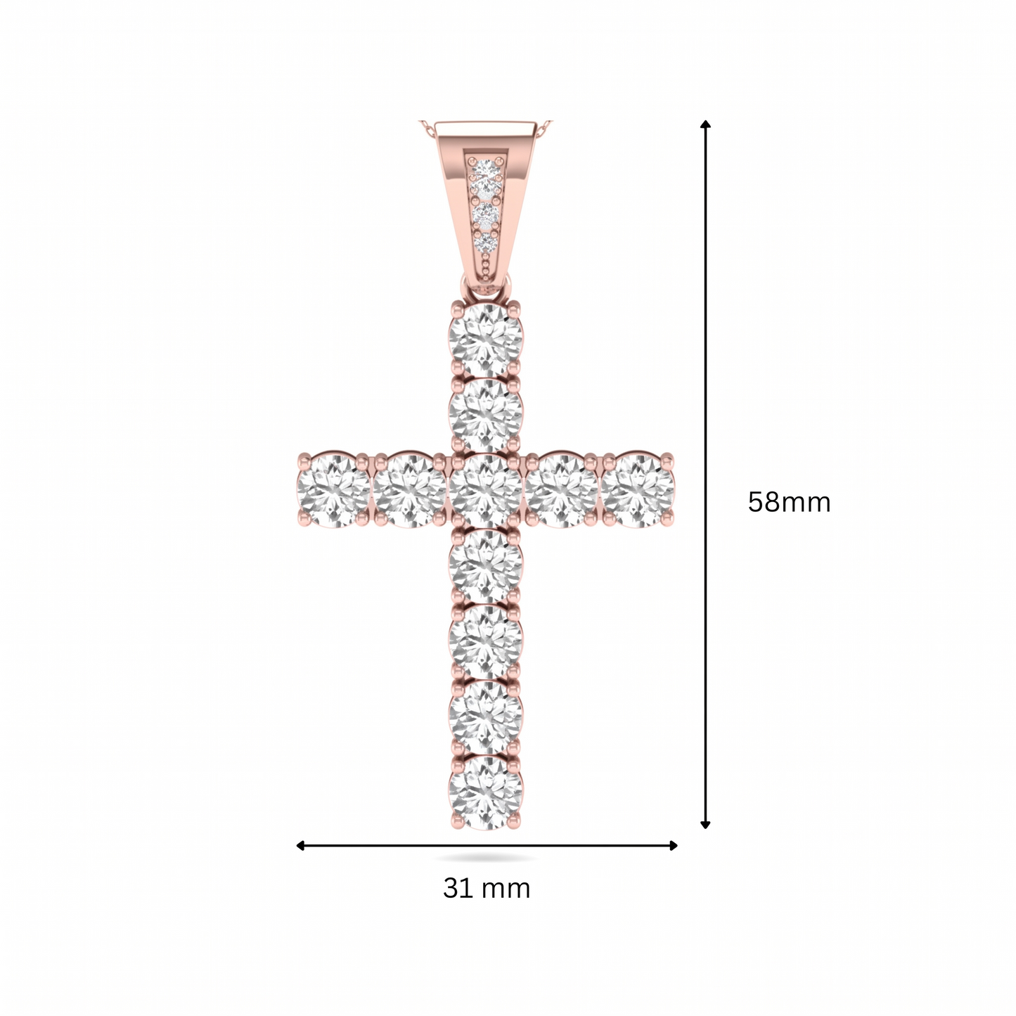 Round brilliant lab grown diamond cross pendant in a classic prong setting with a polished rose gold  metal bail, pendant only without chain.