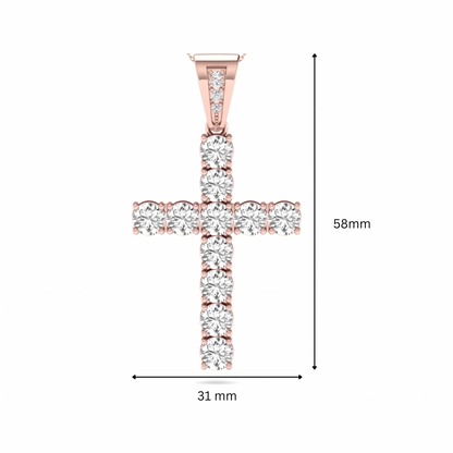 Round brilliant lab grown diamond cross pendant in a classic prong setting with a polished rose gold  metal bail, pendant only without chain.