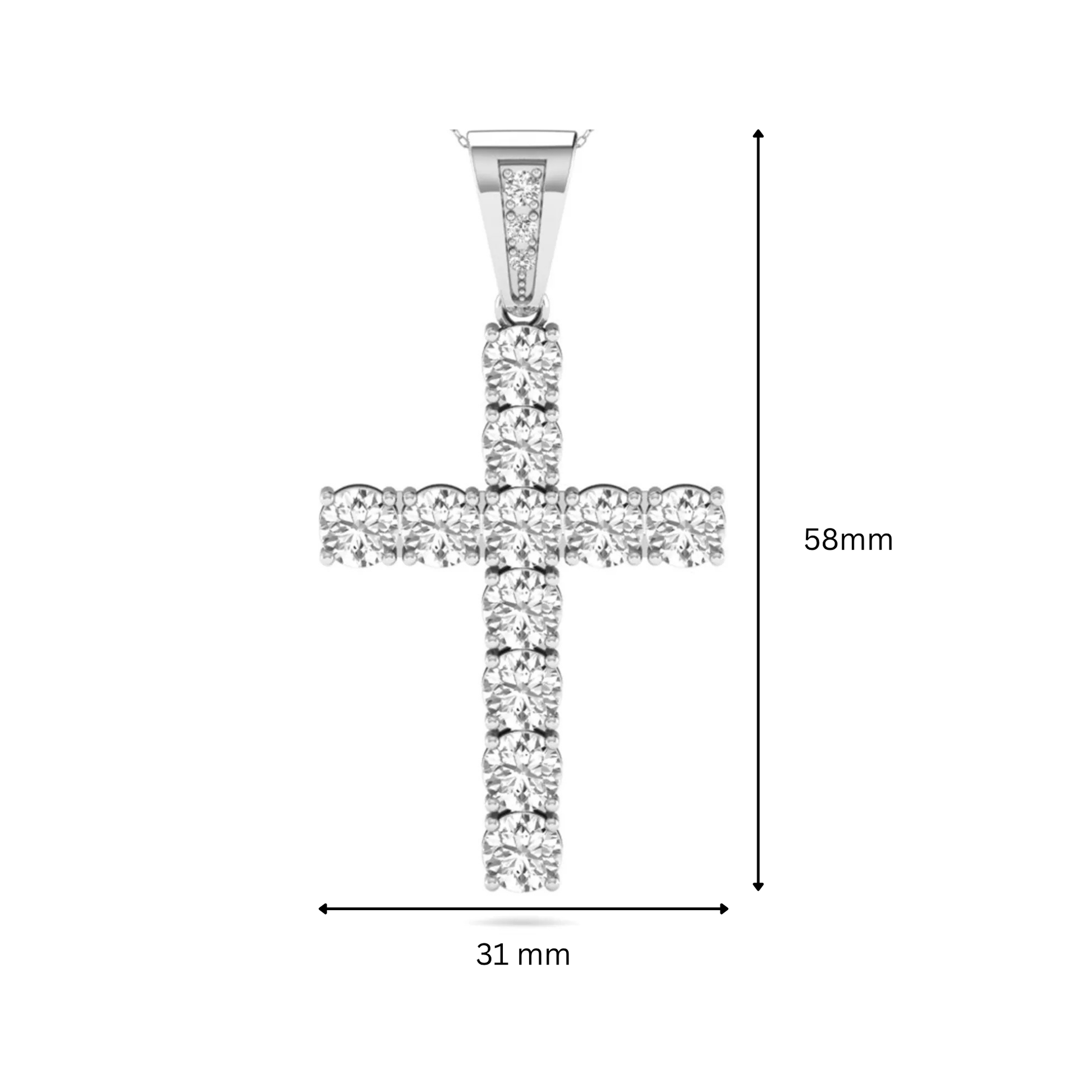 Round brilliant lab grown diamond cross pendant in a classic prong setting with a polished white gold  metal bail, pendant only without chain.
