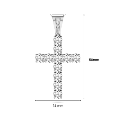 Round brilliant lab grown diamond cross pendant in a classic prong setting with a polished white gold  metal bail, pendant only without chain.