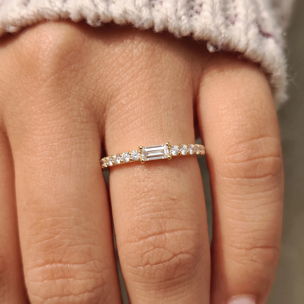 Baguette Cut Lab Grown Diamond Minimalist Pave Engagement Ring
