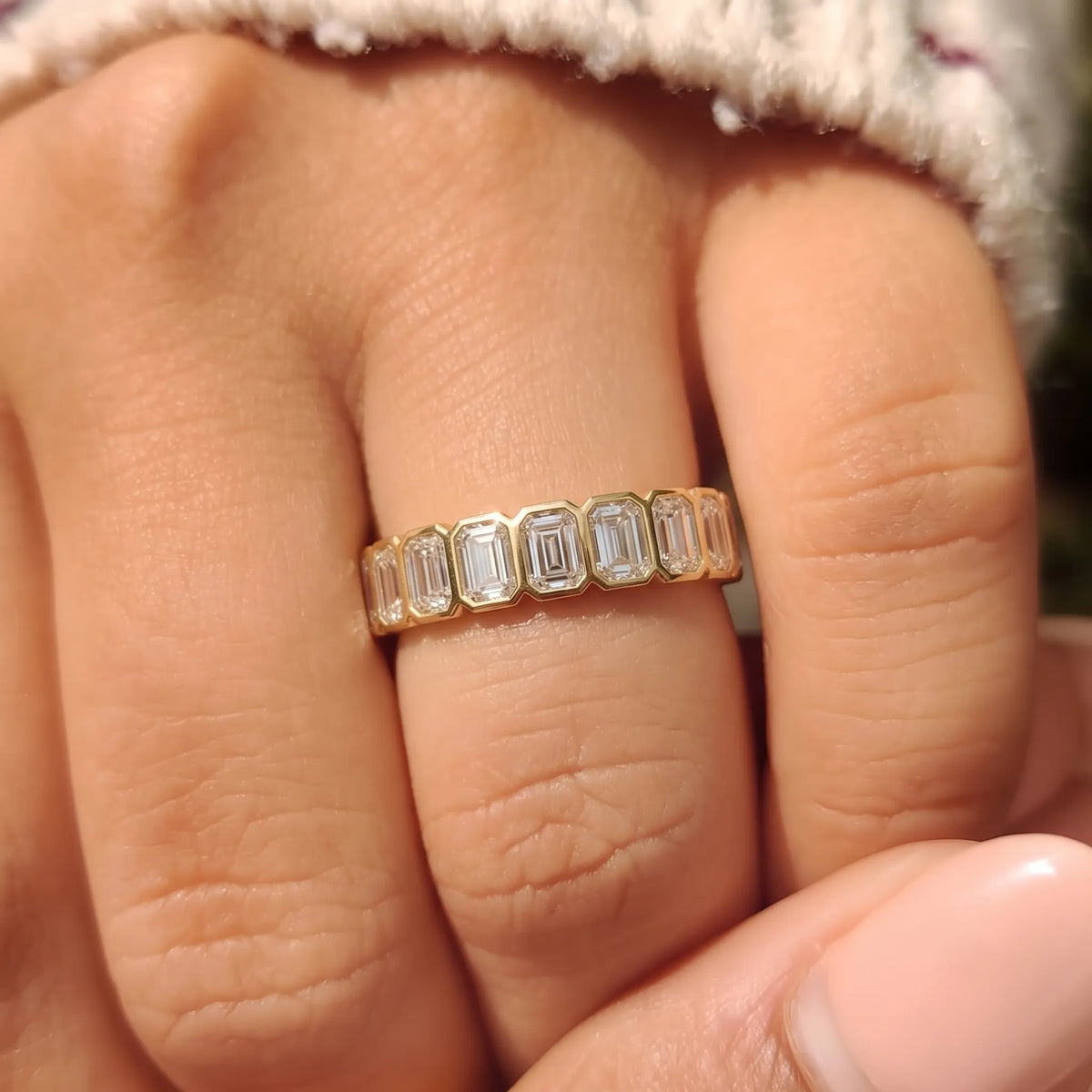 Bezel Set Emerald Lab Grown Diamond Full Eternity Wedding Band