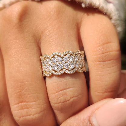 Multi Row Pave Lab Grown Diamond Scalloped Engagement Wide Band Ring