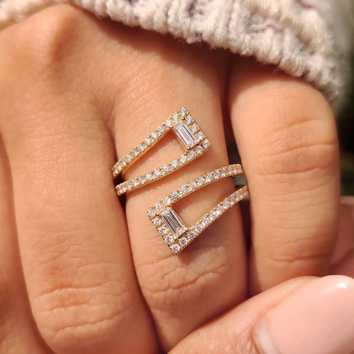 Baguette & Round Lab Grown Diamond Open Gap Pave Bypass Ring