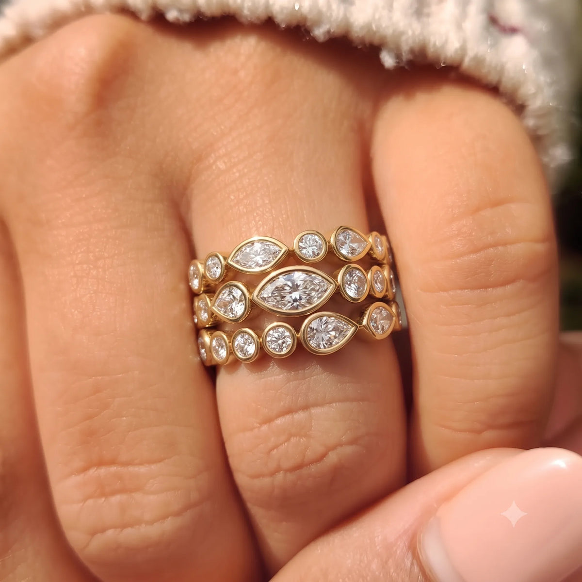 Multi Shape Bezel Set Lab Grown Diamond Three Row Engagement Ring