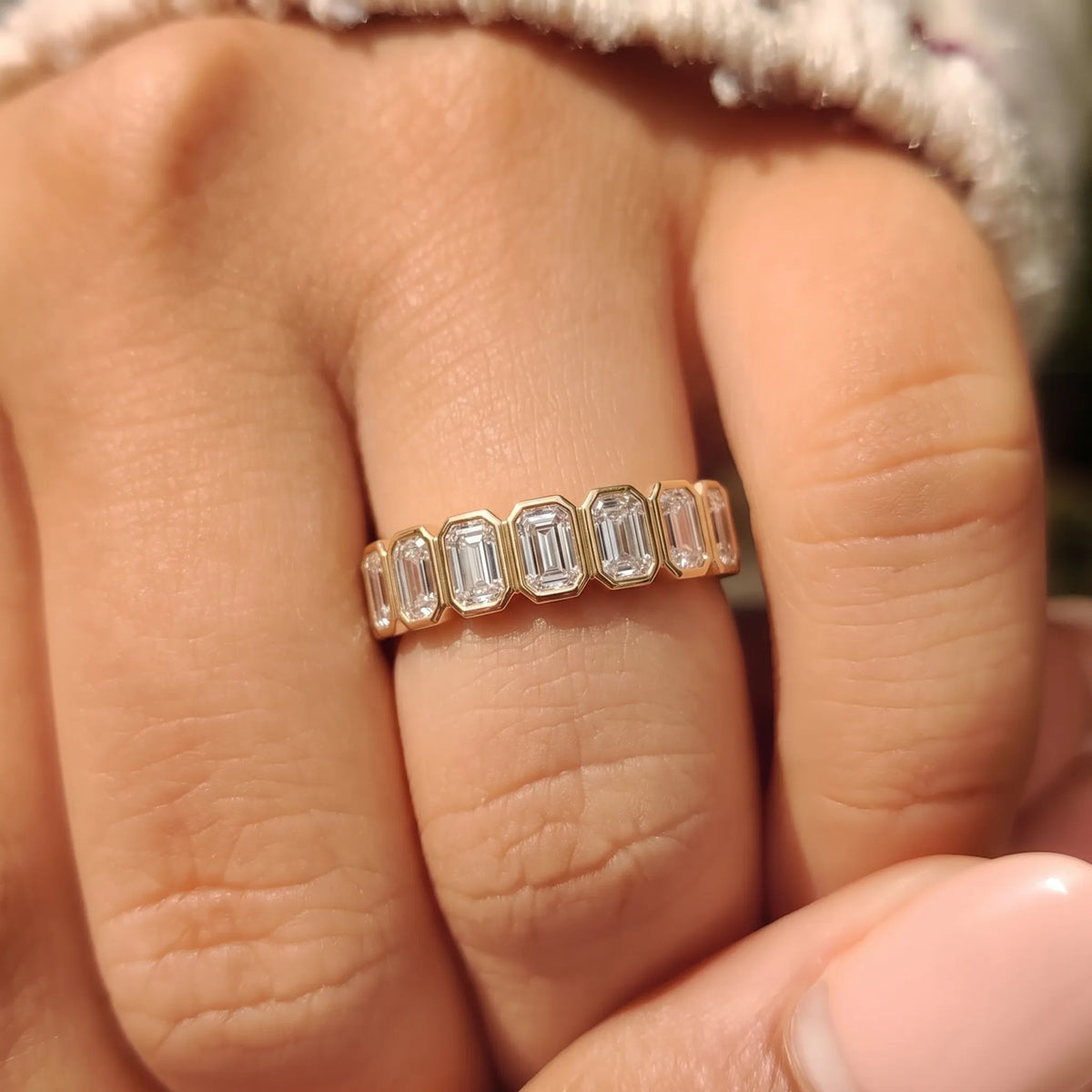 Bezel Set Emerald Lab Grown Diamond Half Eternity Wedding Band