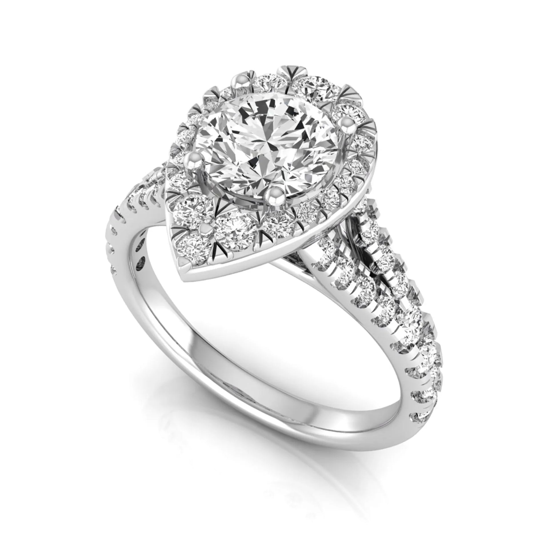 Round halo split shank lab grown diamond engagement ring featuring a round center diamond with pavé halo, cathedral gallery, and pavé-set split shank in white gold tone.