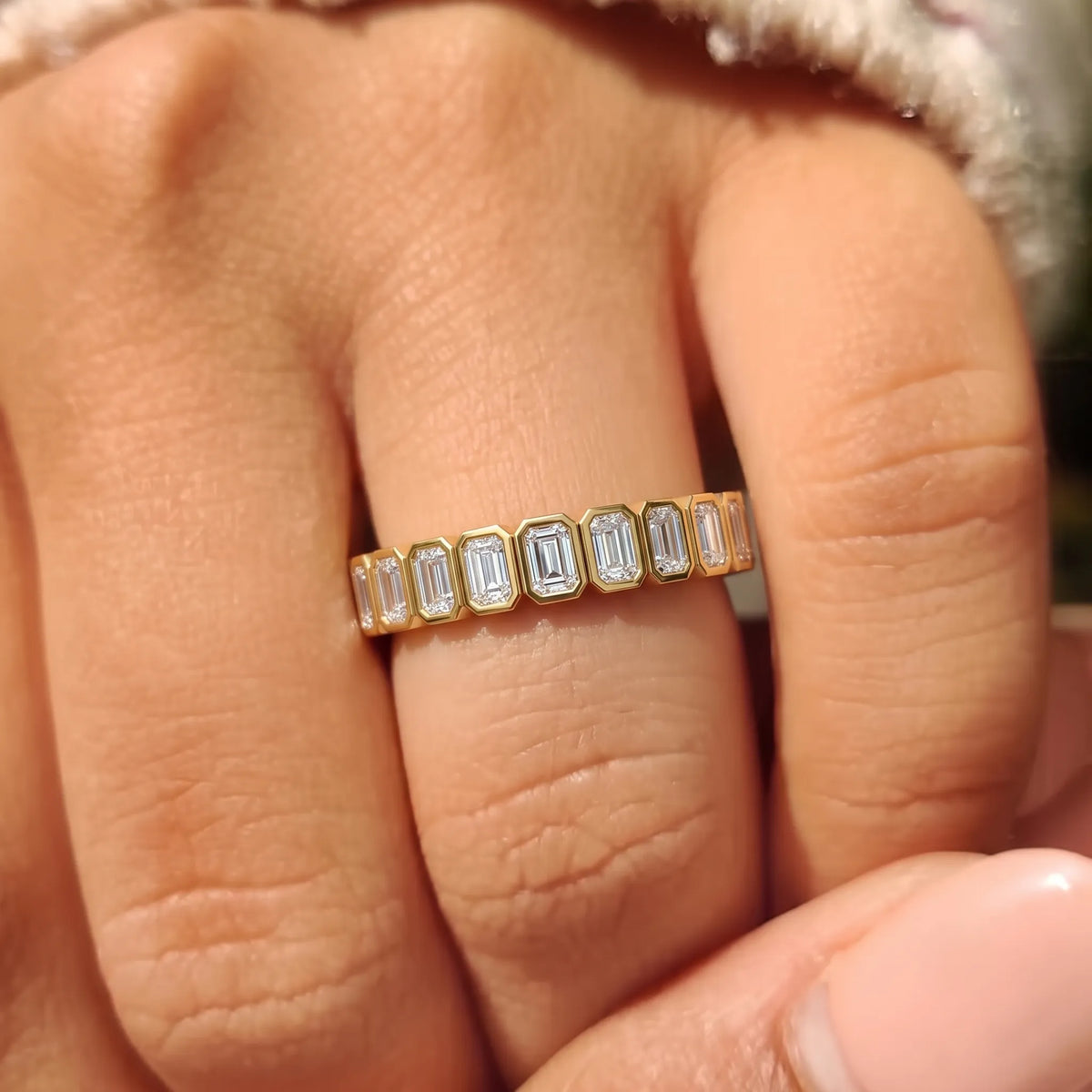 Bezel Set Emerald Cut Lab Grown Diamond Full Eternity Wedding Band