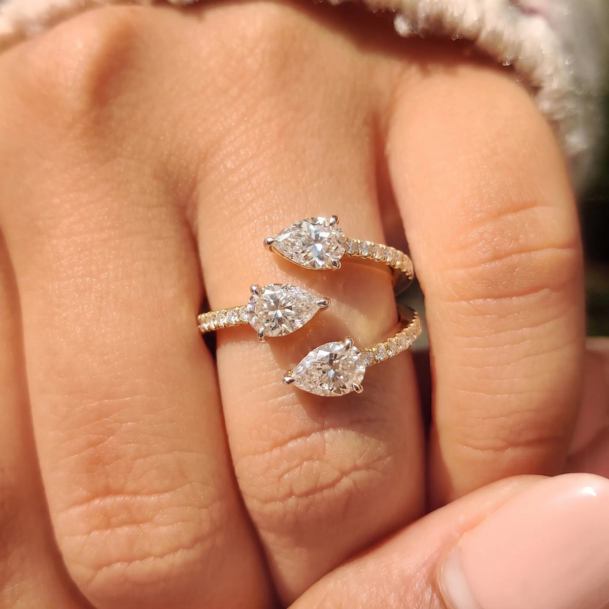 Pear Three Stone Open Gap Lab Grown Diamond Bypass Pave Ring
