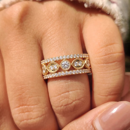 Vintage Inspire Three Row Pave Lab Grown Diamond Half Eternity Wedding Band