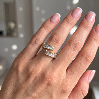 Emerald Cut Lab Grown Diamond Open Cuff Bypass Pave Engagement Ring