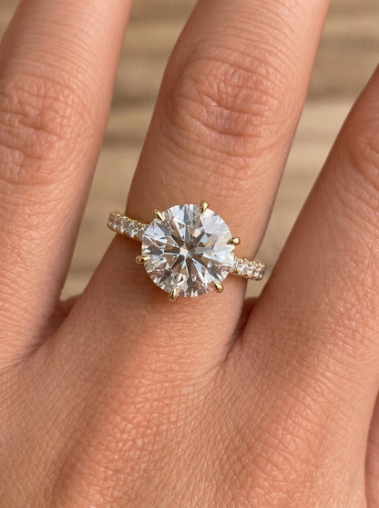 7.5 Carat Round Hidden Halo Lab Grown Diamond Pavé Engagement Ring