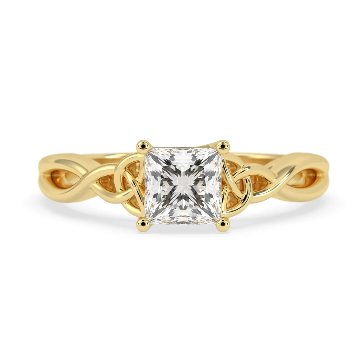 A yellow gold ring with a princess-cut clear diamond center stone, set on a white background.