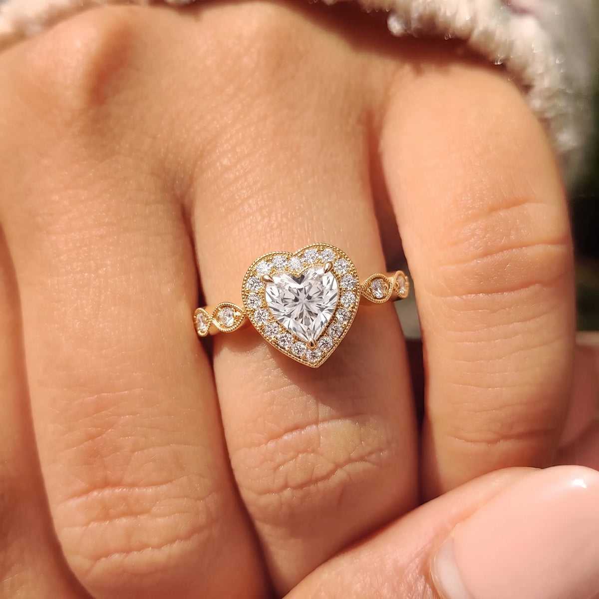 1 Carat Heart Cut Halo Lab Grown Diamond Vintage Pave Engagement Ring