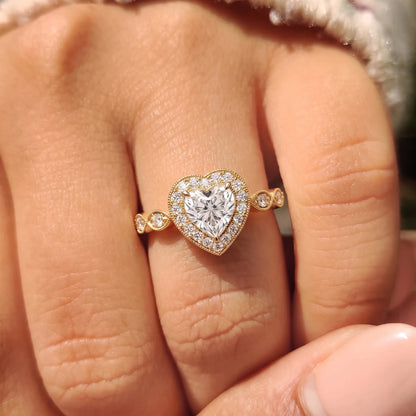 1 Carat Heart Cut Halo Lab Grown Diamond Vintage Pave Engagement Ring