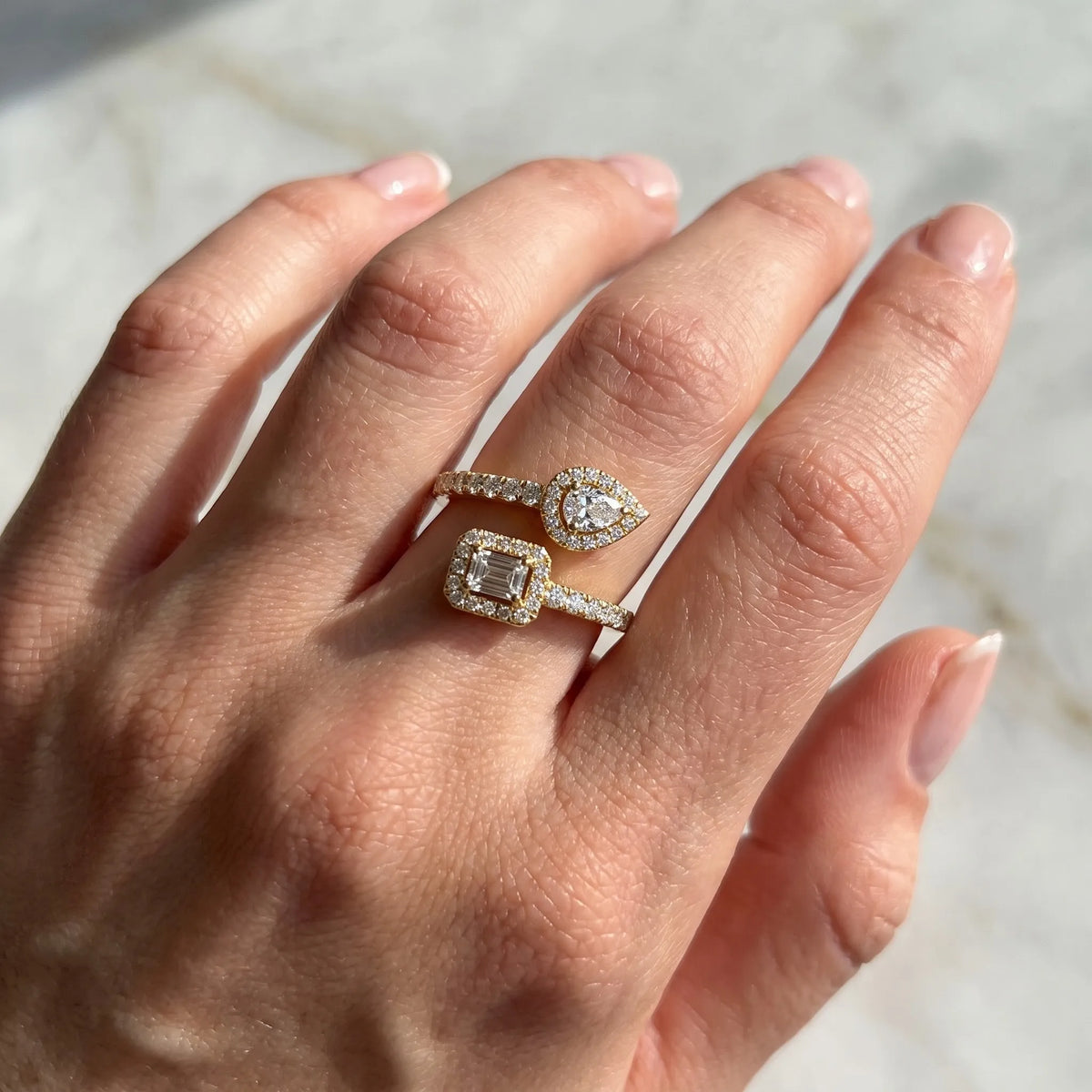 Emerald & Pear Two Stone Halo lab Grown Diamond Open Gap Bypass Pave Ring