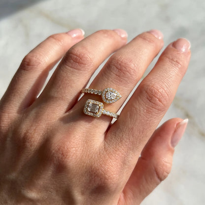 Emerald & Pear Two Stone Halo lab Grown Diamond Open Gap Bypass Pave Ring