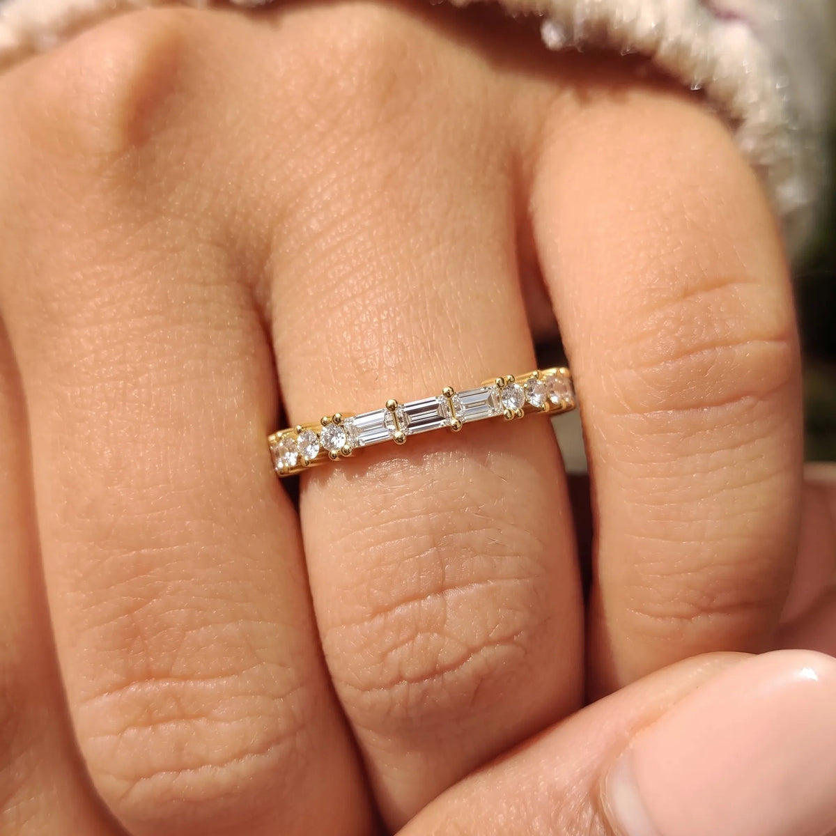 Baguette & Round Lab Grown Diamond Minimalist Half Eternity Wedding Band