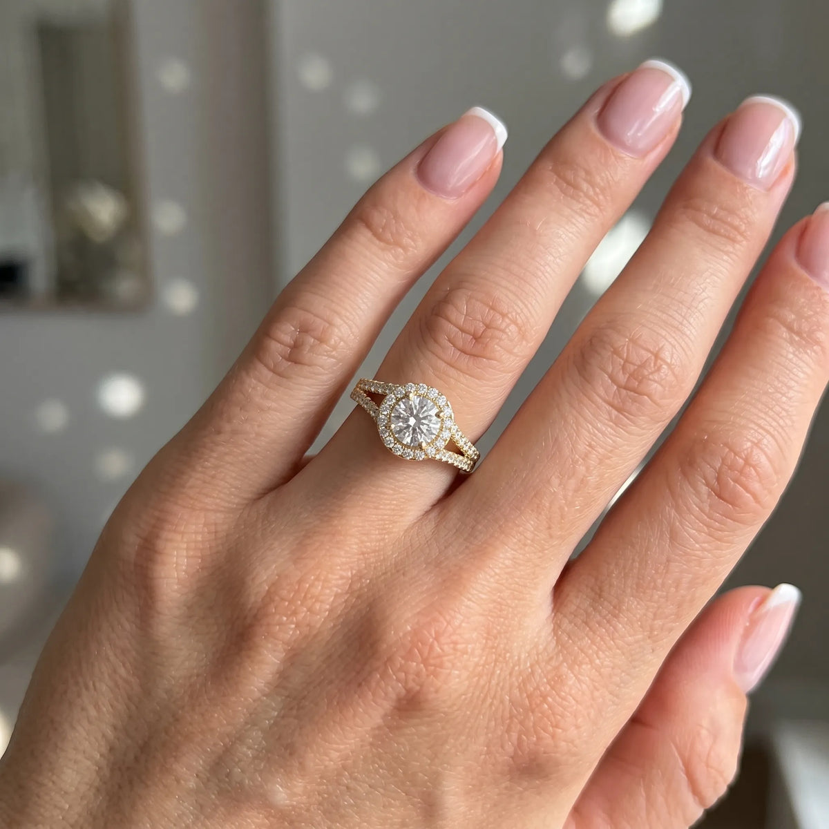 1.5 Carat Round Halo Lab Grown Diamond Split Shank Pave Engagement Ring