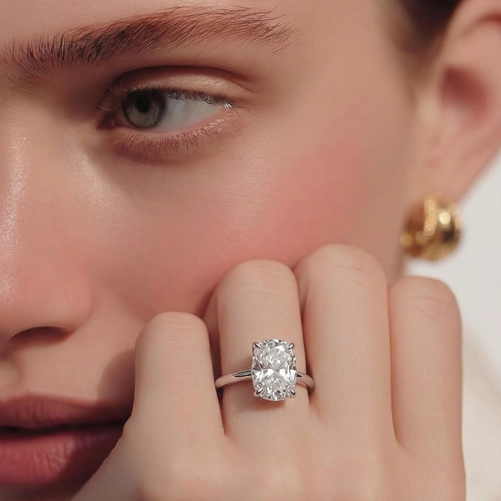 yellow-gold  Close-up of a diamond ring on a finger with a blurred background