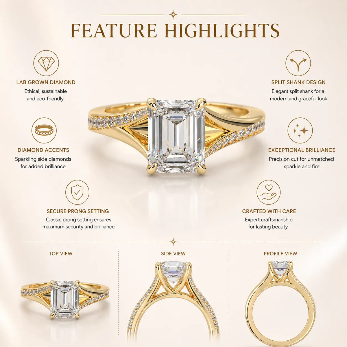 yellow-Gold ring with emerald-cut diamond and diamond accents, featuring feature highlights on a beige background.