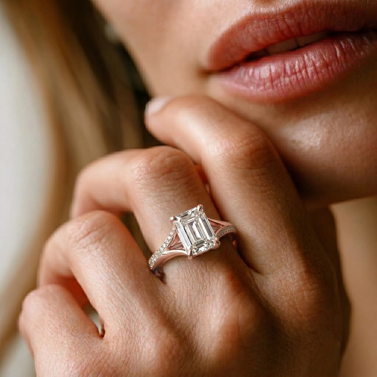 rose gold Close-up of a hand wearing a diamond ring with a blurred background