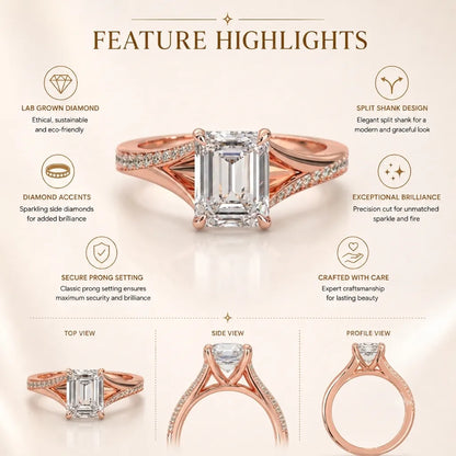 Rose-gold ring with diamond accents on a beige background, featuring text about ring features.