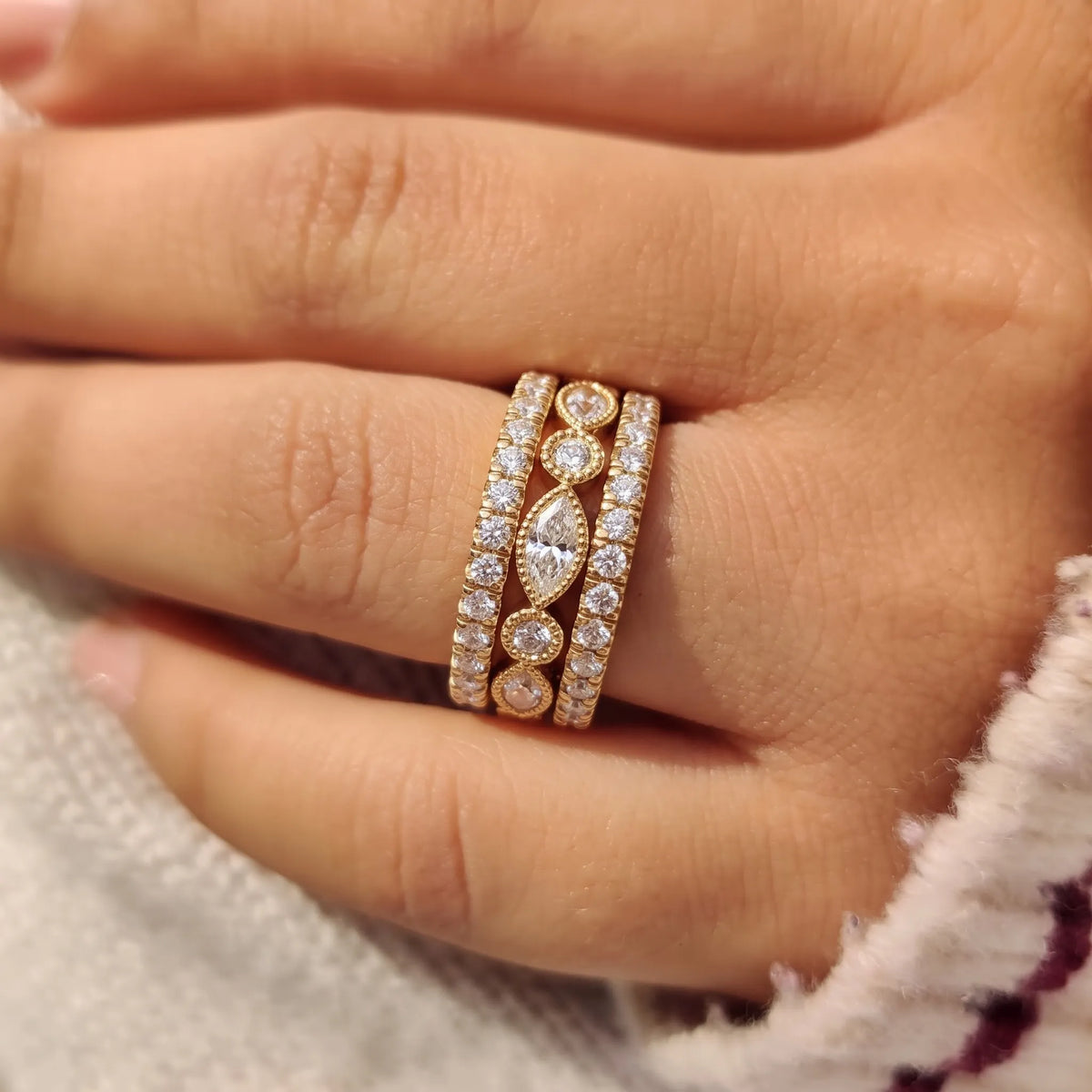 Three Piece Vintage Pave Band Lab Grown Diamond Wedding Bridal Ring Set
