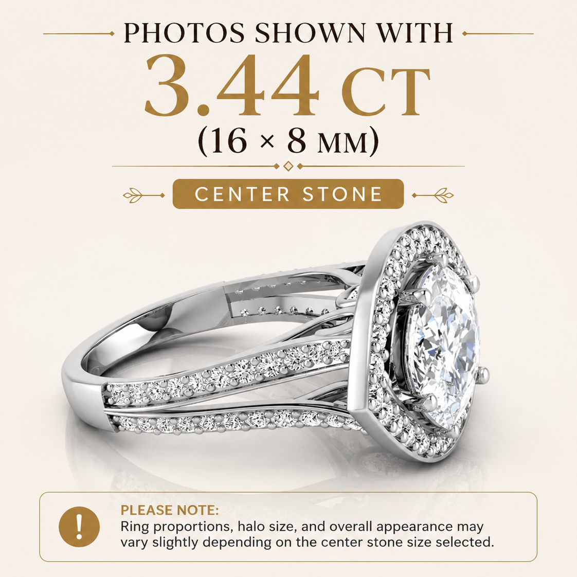 White-gold rose-gold yellow-gold Diamond ring with 3.44 carat center stone on a beige background