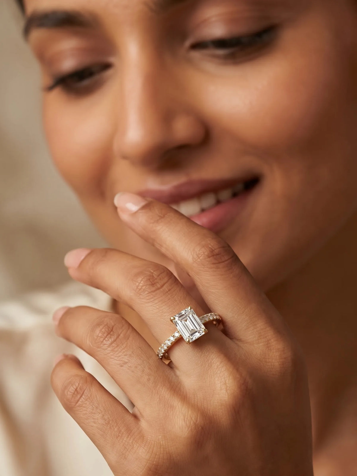1.5 Carat Emerald Cut Lab Grown Diamond Hidden Halo Pavé Engagement Ring