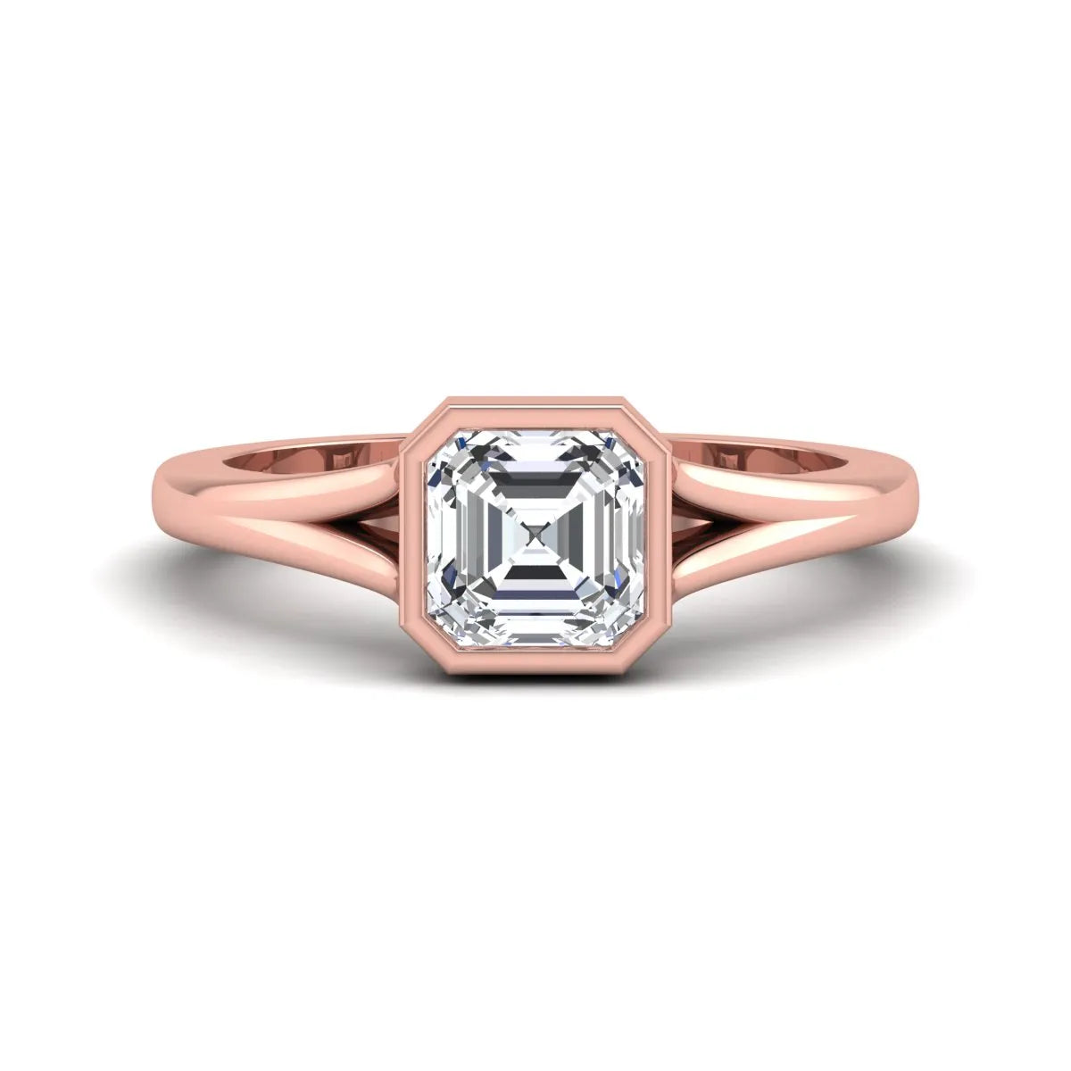 Asscher cut lab grown diamond bezel set split shank engagement ring in rose gold design.