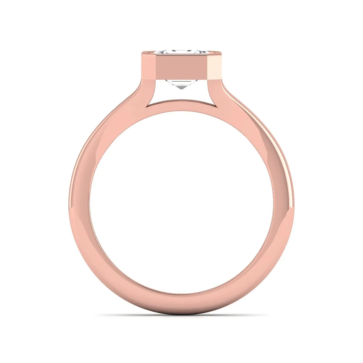 Asscher cut lab grown diamond bezel set split shank engagement ring in rose gold design.