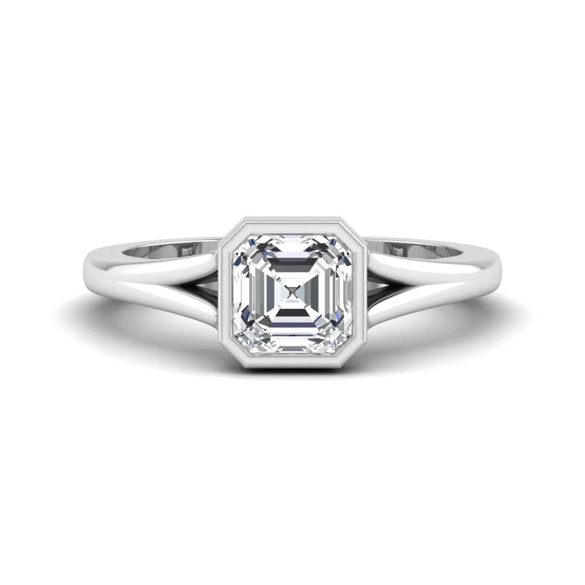 Asscher cut lab grown diamond bezel set split shank engagement ring in white gold design.