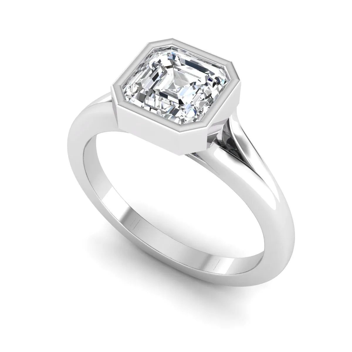 Asscher cut lab grown diamond bezel set split shank engagement ring in white gold design.