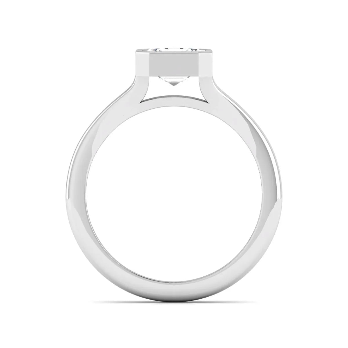 Asscher cut lab grown diamond bezel set split shank engagement ring in white gold design.