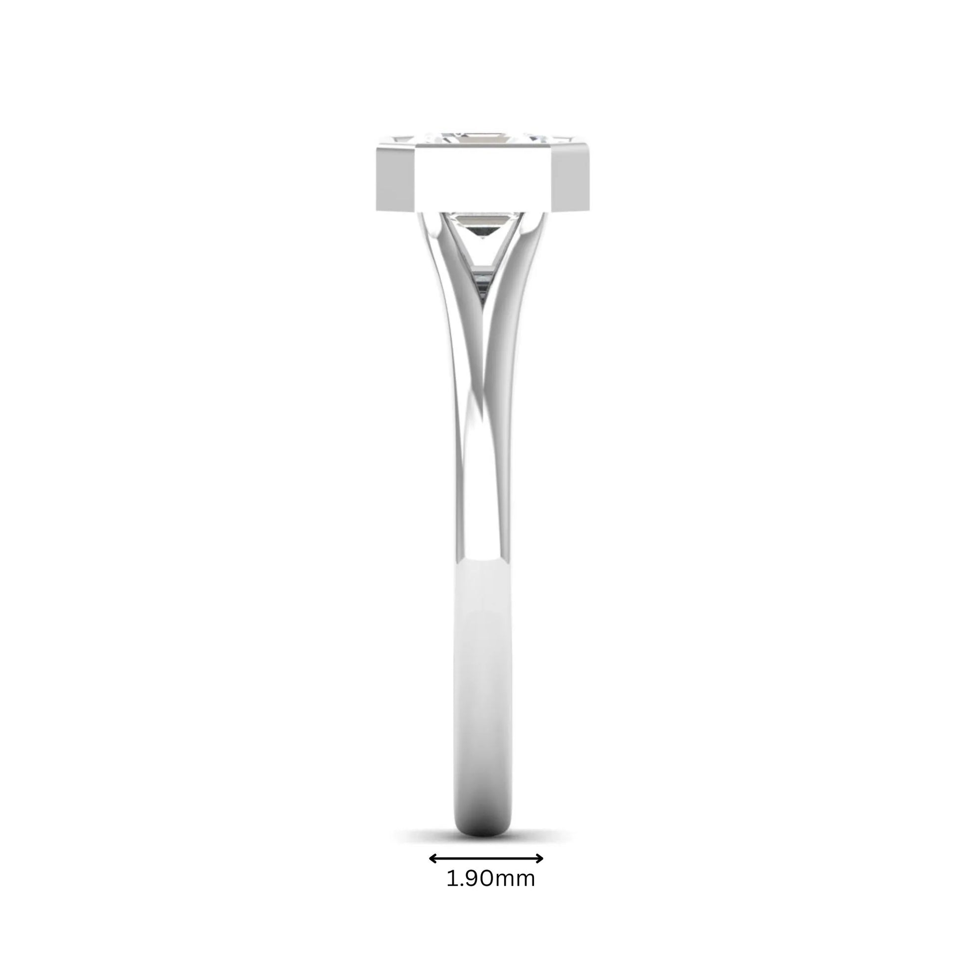 Asscher cut lab grown diamond bezel set split shank engagement ring in white gold design.